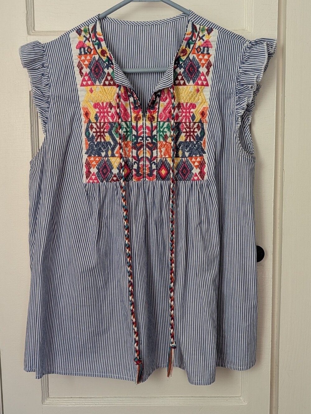 Embroidered M Top Striped Sleeveless Tunic Blue Boho Summer Prairie Festival